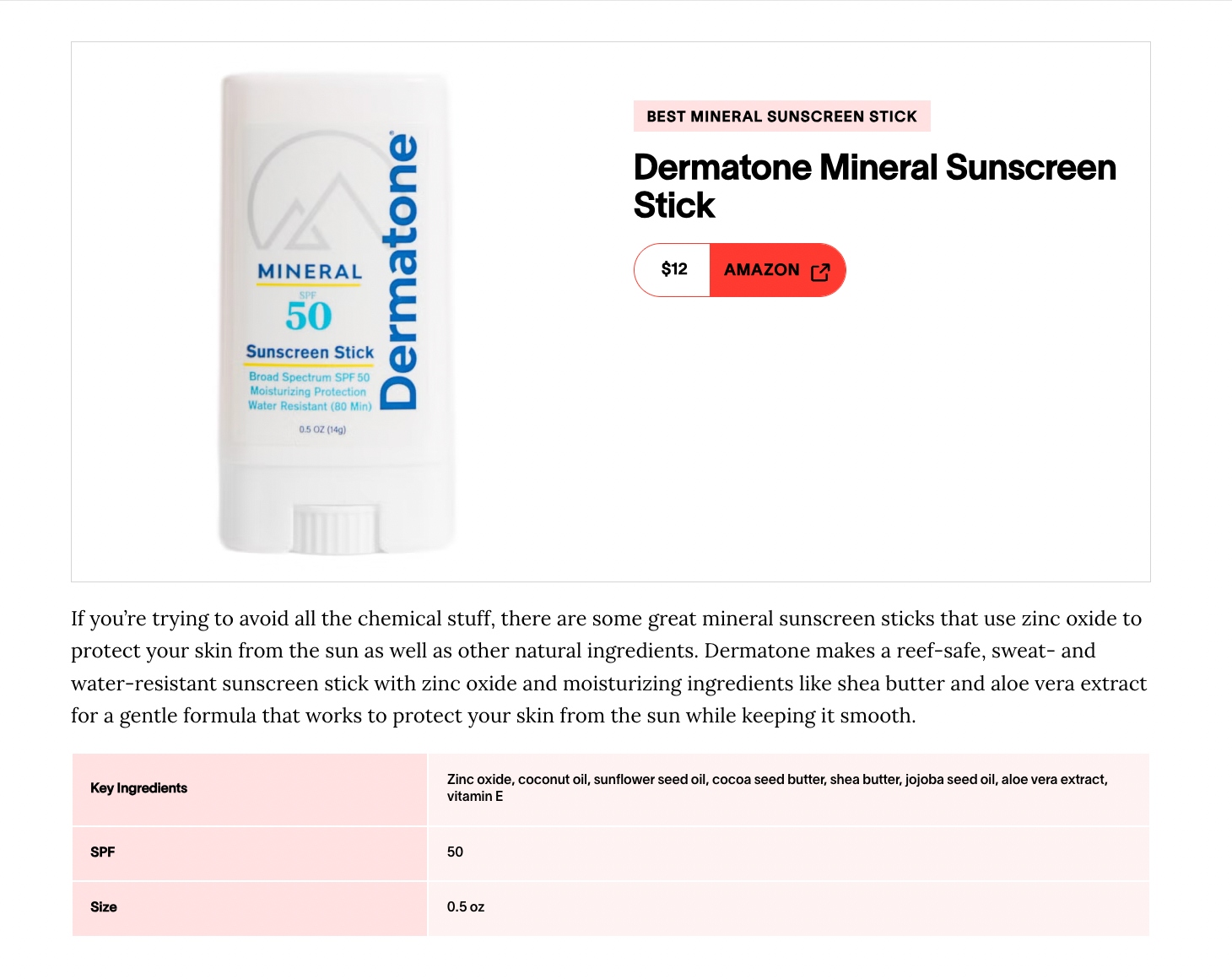 Screenshot from Esquire article naming Dermatone Mineral Sunscreen Stick the "Best Mineral Sunscreen Stick" for its natural ingredients, environment and sport friendly features, and skincare benefits it provides.