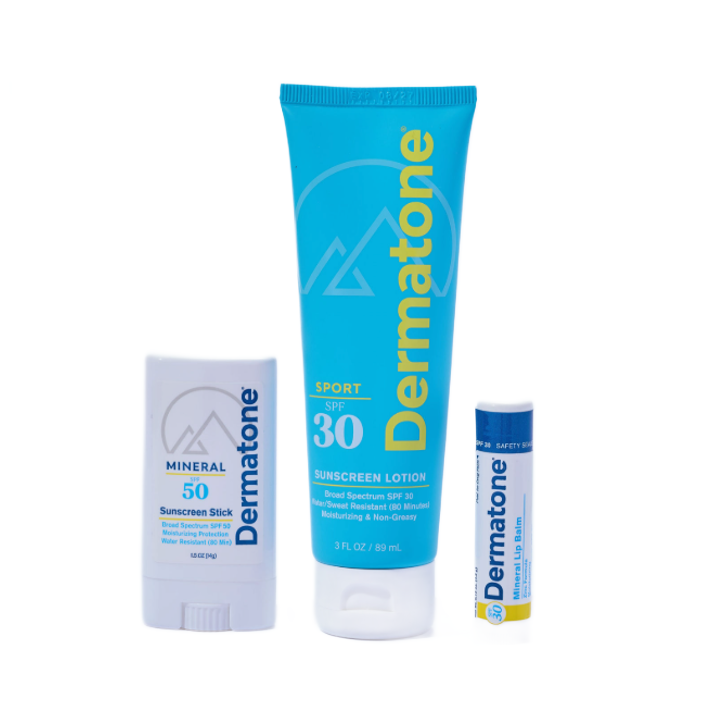 Dermatone sunscreen products including a tube, stick, and lip balm on a white background