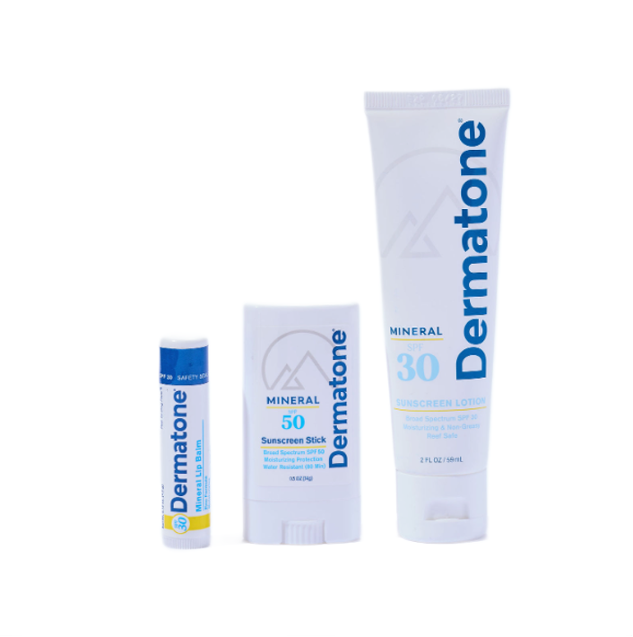 Dermatone sunscreen products including a stick, block, and lotion on a white background