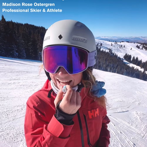 Madison Rose applying spring skiing lip balm spf30