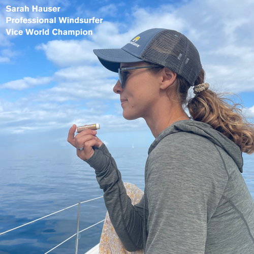 Sarah Hauser, pro windsurfer, with Dermatone Trucker Hat on