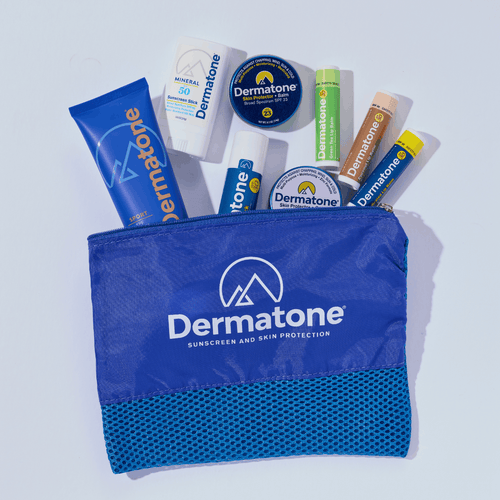 laydown of dermatone products with a bag