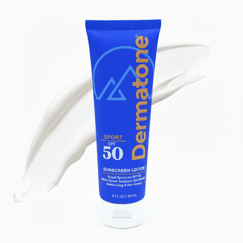 Dermatone sport sunscreen lotion tube with a swipe of the lotion behind it